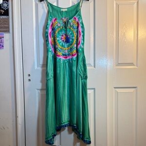 RUBYYAYA Colorful Midi Dress with Floral Embroidered Design Hi Low Hem Sz XS